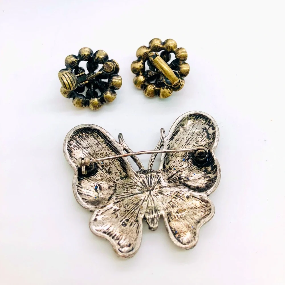 Vintage Rhinestone Earrings & Butterfly Brooch - Picture 2 of 5